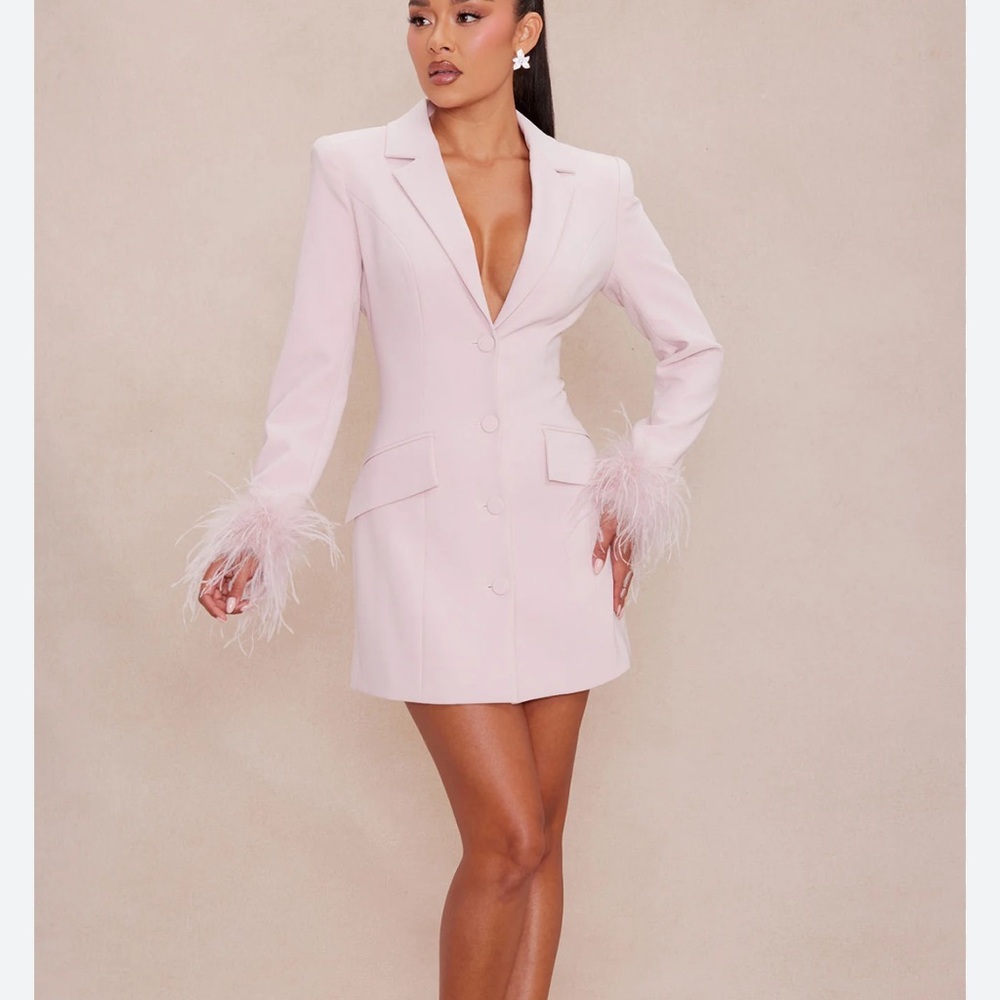 Fashion Nova Light Pink Feather Cuff Blazer Dress